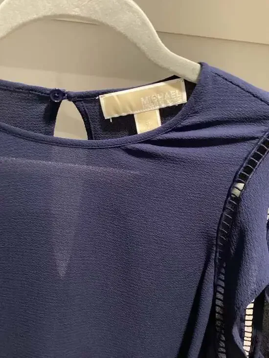 Michael Kors Navy Blue Flutter Sleeve Blouse with Lattice Trim Detail - Picture 2 of 3